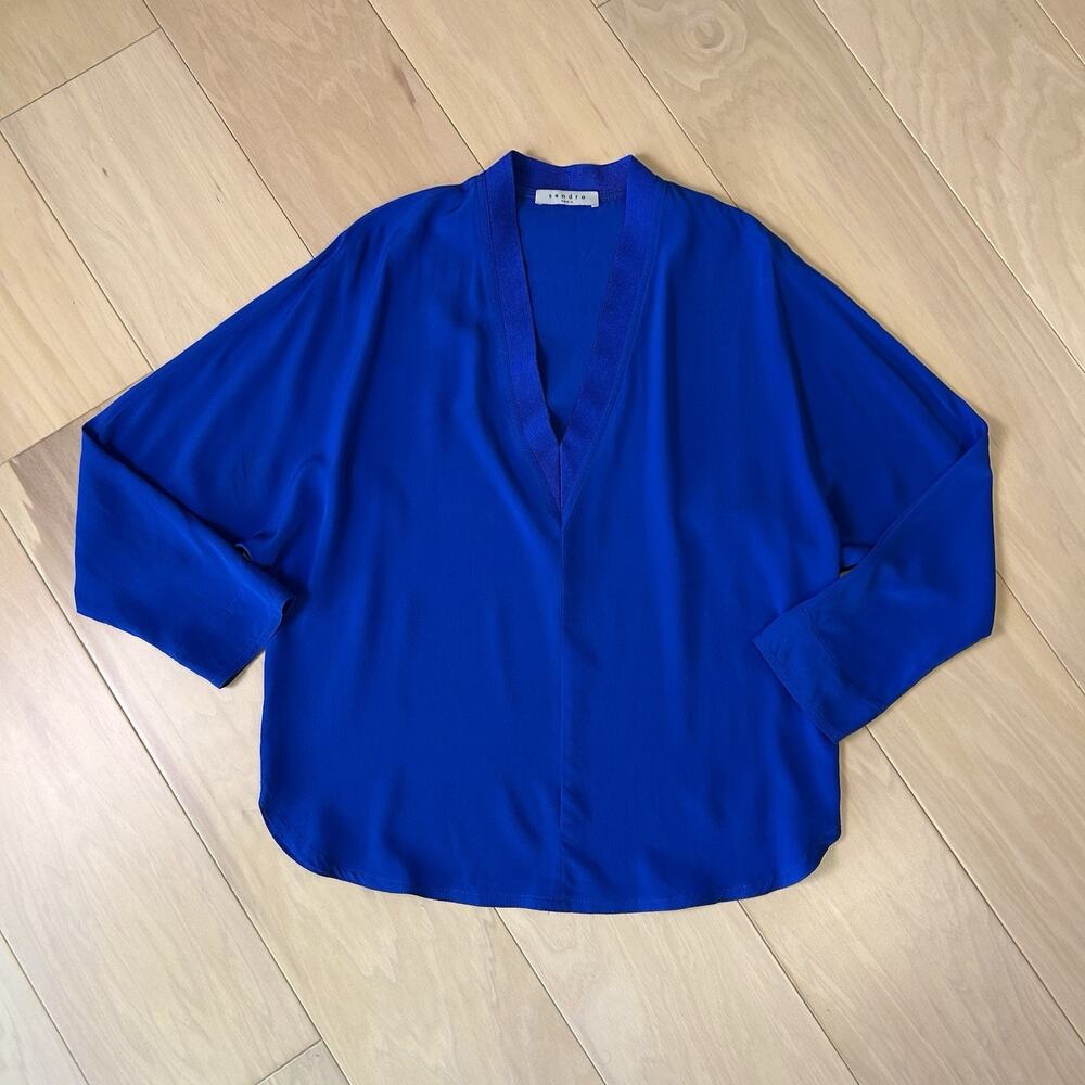 Sandro Blue Silk Loose Fit Top V Neck Long Sleeve **Stains Women’s 2